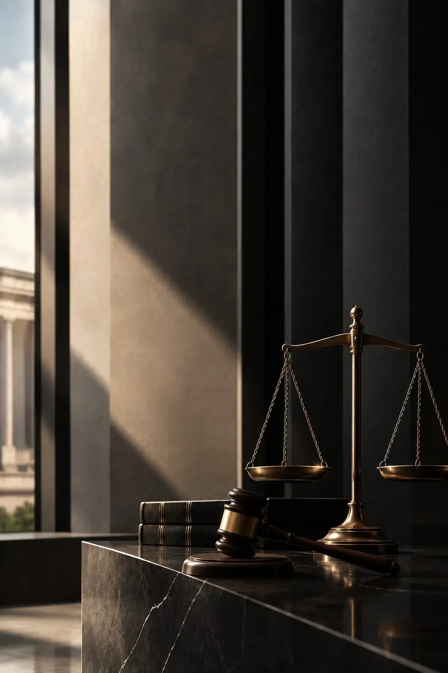 Balanza de la justicia sobre un escritorio, con toga y libros de derecho